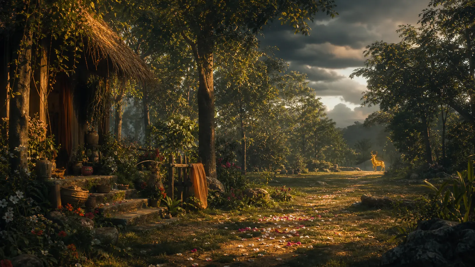 A forest ashram clearing with a distant golden deer