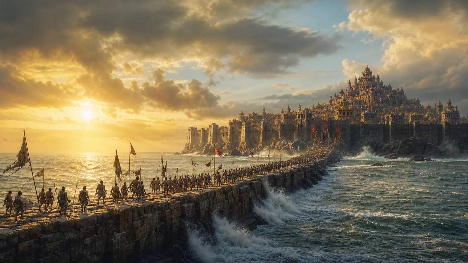 An army crossing the ocean causeway toward the fortress of Lanka